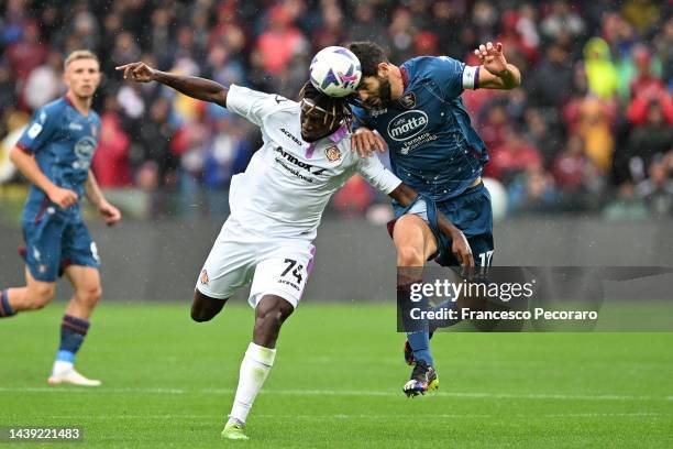 Frank Tsadjout of US Cremonese battles for possession with Federico Piatek of US Salernitana during the Serie A match between Salernitana and US...