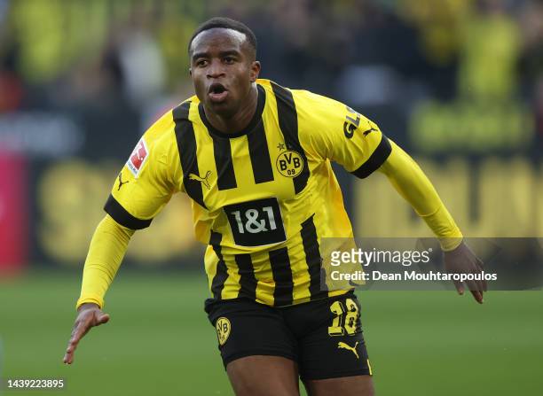 Youssoufa Moukoko of Dortmund celebrates scoring his team's first goal during the Bundesliga match between Borussia Dortmund and VfL Bochum 1848 at...