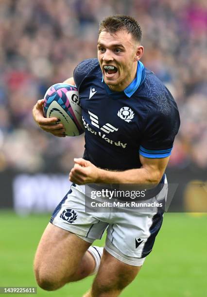 Ben White of Scotland breaks free to score a try late in the second half during the Autumn International match between Scotland and Fiji at...