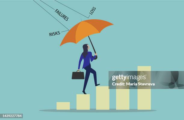 businessineswoman kletterbalkenkarte mit regenschirm. - risk management stock-grafiken, -clipart, -cartoons und -symbole