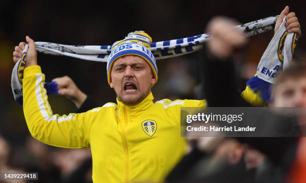 Leeds United fan shows their support during the Premier League match between Leeds United and AFC Bournemouth at Elland Road on November 05, 2022 in...