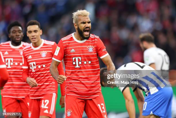 Eric Maxim Choupo-Moting of Bayern Munich celebrates after scoring their team's second goal during the Bundesliga match between Hertha BSC and FC...