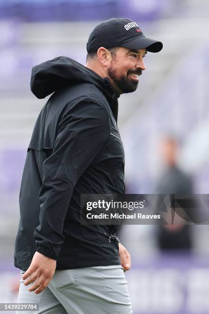 Head coach Ryan Day of the Ohio State Buckeyes looks on prior to the game against the Northwestern Wildcats at Ryan Field on November 05, 2022 in...