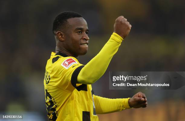 Youssoufa Moukoko of Dortmund celebrates scoring his team's third goal during the Bundesliga match between Borussia Dortmund and VfL Bochum 1848 at...