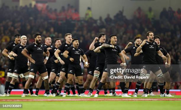 The All Blacks perform the Haka ahead of the Autumn International match between Wales and New Zealand at Principality Stadium on November 05, 2022 in...