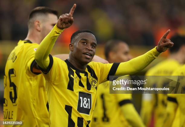 Youssoufa Moukoko of Dortmund celebrates scoring his team's third goal, his second of the match during the Bundesliga match between Borussia Dortmund...