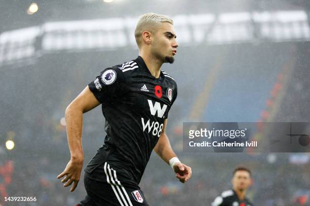 Andreas Pereira of Fulham celebrates after scoring their team's first goal during the Premier League match between Manchester City and Fulham FC at...