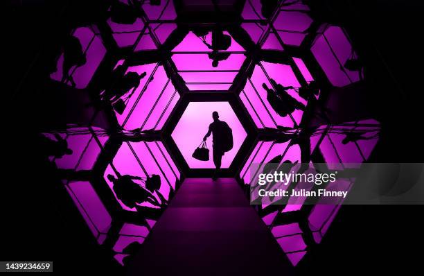 Novak Djokovic of Serbia walks through the tunnel to play Stefanos Tsitsipas of Greece in the semi finals during Day Six of the Rolex Paris Masters...