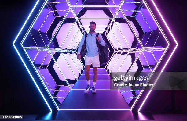 Novak Djokovic of Serbia walks through the tunnel to play Stefanos Tsitsipas of Greece in the semi finals during Day Six of the Rolex Paris Masters...