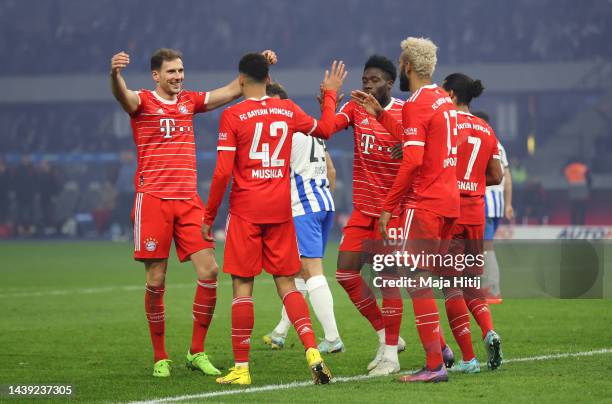 Bayern Munich players celebrate a goal which was later disallowed during the Bundesliga match between Hertha BSC and FC Bayern München at...