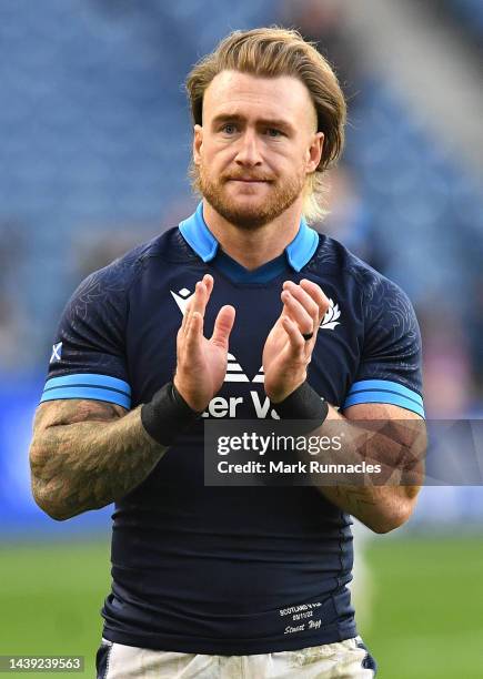 Stuart Hogg of Scotland applauding the Sottish Rugby fans at the final whistle during the Autumn International match between Scotland and Fiji at...