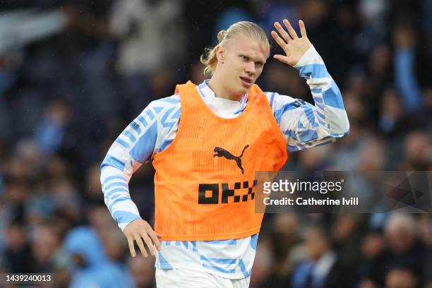 Erling Haaland of Manchester City warms up during the Premier League match between Manchester City and Fulham FC at Etihad Stadium on November 05,...