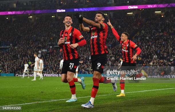 Dominic Solanke of AFC Bournemouth celebrates after scoring their team's third goal during the Premier League match between Leeds United and AFC...