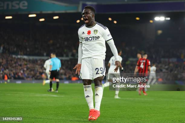 Wilfried Gnonto of Leeds United celebrates their sides second goal during the Premier League match between Leeds United and AFC Bournemouth at Elland...