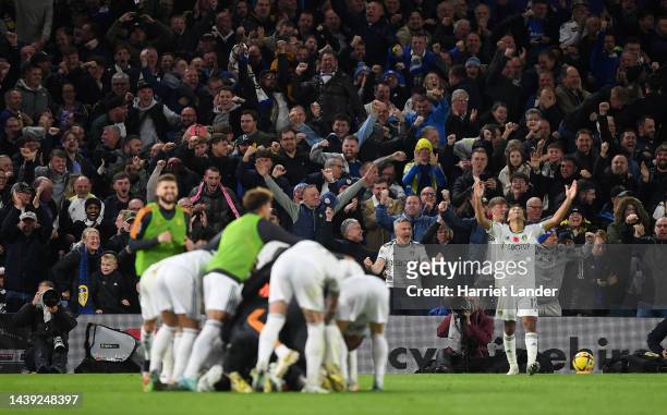 Tyler Adams celebrates after Crysencio Summerville of Leeds United their sides scored their fourth goal during the Premier League match between Leeds...