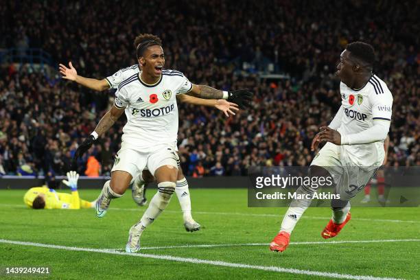 Crysencio Summerville of Leeds United celebrates after scoring their team's fourth goal during the Premier League match between Leeds United and AFC...