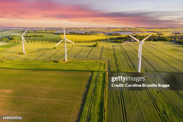 wind turbines at sunset - green energy, denmark - windmill denmark stock pictures, royalty-free photos & images