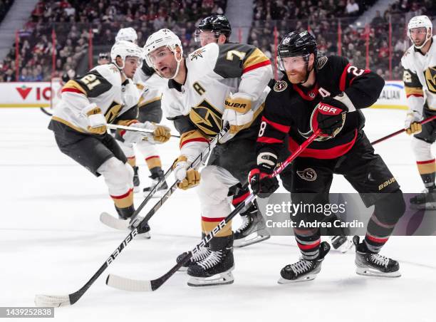 Claude Giroux of the Ottawa Senators battles for the puck with Alex Pietrangelo of the Vegas Golden Knights at Canadian Tire Centre on November 3,...