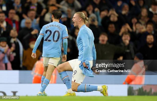 Erling Haaland of Manchester City celebrates after scoring their team's second goal from the penalty spot during the Premier League match between...