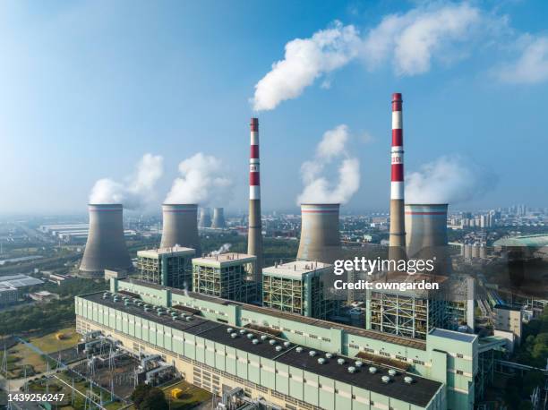 aerial view of thermal power generation - cooling tower stock pictures, royalty-free photos & images