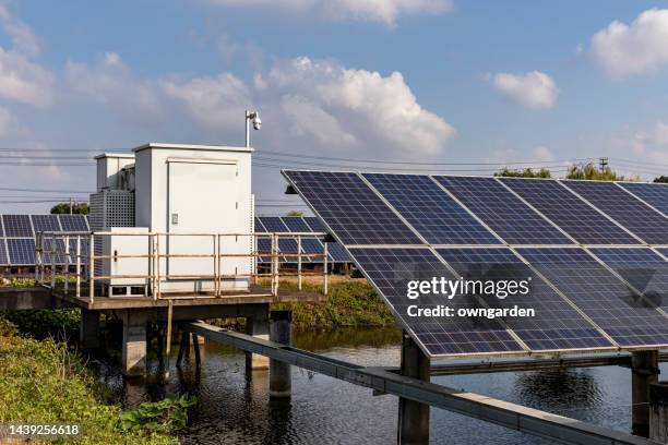 view of solar power stations on fish farm - transformer ストックフォトと画像
