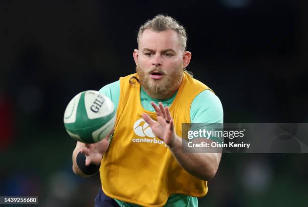 Finlay Bealham of Ireland during the warm up prior to the Autumn International match between Ireland and South Africa at Aviva Stadium on November...