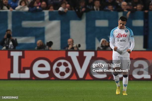 Eljif Elmas of SSC Napoli celebrates his goal during the Serie A match between Atalanta BC and SSC Napoli at Gewiss Stadium on November 05, 2022 in...