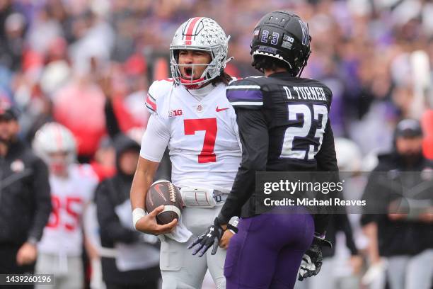 Stroud of the Ohio State Buckeyes celebrates a first down against the Northwestern Wildcats during the first half at Ryan Field on November 05, 2022...