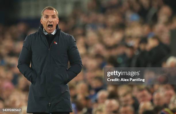 Brendan Rogers, Manager of Leicester City reacts during the Premier League match between Everton FC and Leicester City at Goodison Park on November...