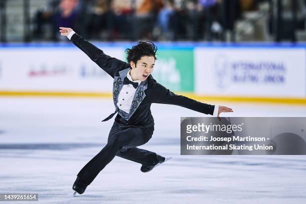 Kazuki Tomono of Japan competes in the Men's Free Skating during the ISU Grand Prix of Figure Skating - Grand Prix de France at Angers Ice Parc on...