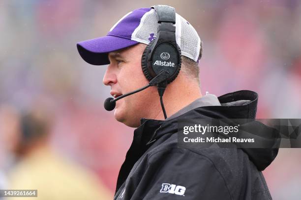 Head coach Pat Fitzgerald of the Northwestern Wildcats looks on against the Ohio State Buckeyes during the first half at Ryan Field on November 05,...