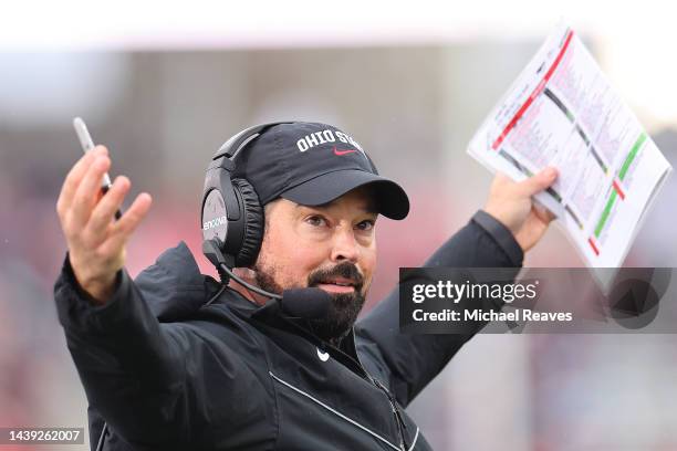 Head coach Ryan Day of the Ohio State Buckeyes reacts against the Northwestern Wildcats during the first half at Ryan Field on November 05, 2022 in...