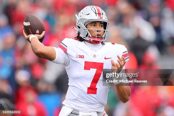 Stroud of the Ohio State Buckeyes throws a pass against the Northwestern Wildcats during the first half at Ryan Field on November 05, 2022 in...