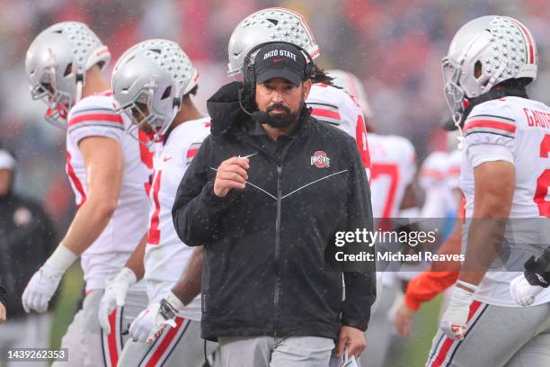 Head coach Ryan Day of the Ohio State Buckeyes reacts against the Northwestern Wildcats during the first half at Ryan Field on November 05, 2022 in...