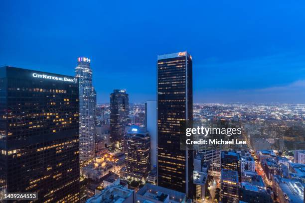 twilight high angle view of downtown los angeles - united states steel corporation stock pictures, royalty-free photos & images
