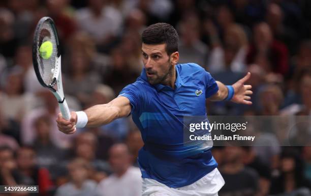 Novak Djokovic of Serbia in action against Stefanos Tsitsipas of Greece in the semi finals during Day Six of the Rolex Paris Masters tennis at Palais...