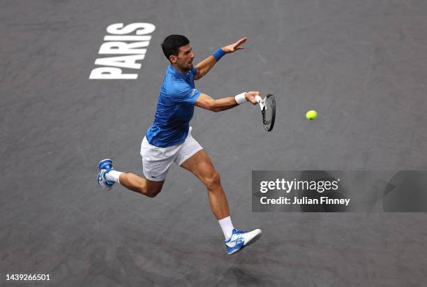 Novak Djokovic of Serbia in action against Stefanos Tsitsipas of Greece in the semi finals during Day Six of the Rolex Paris Masters tennis at Palais...