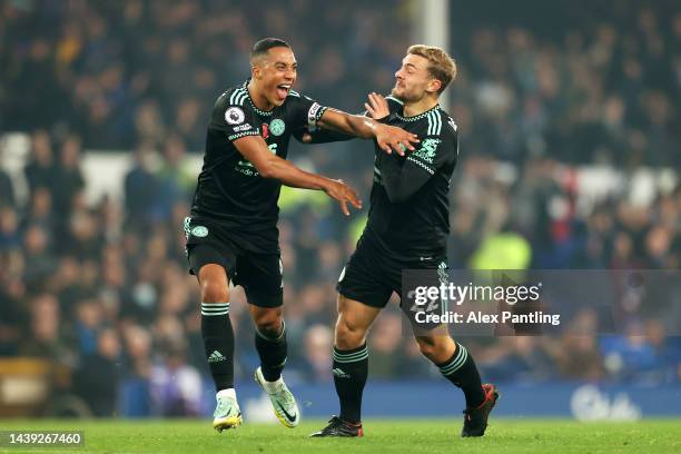 Youri Tielemans of Leicester City celebrates after scoring their team's first goal during the Premier League match between Everton FC and Leicester...