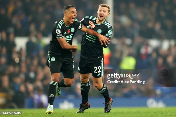 Youri Tielemans of Leicester City celebrates after scoring their team's first goal during the Premier League match between Everton FC and Leicester...