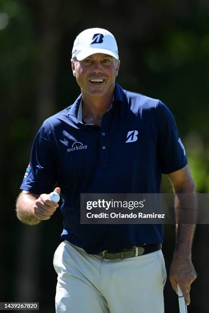 Matt Kuchar of United States reacts after making a par four in the first hole during the third round of the World Wide Technology Championship at...