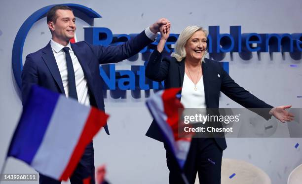Newly elected French far-right party Rassemblement National 's president Jordan Bardella and French far-right party Rassemblement National...
