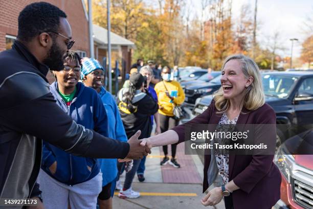 Rep. Abigail Spanberger greets supporters at an early voting location, on November 05, 2022 in Woodbridge, Virginia. Spanberger is running for...