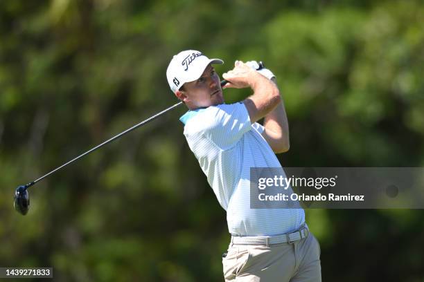 Russell Henley of United States plays a shot on the second hole during the third round of the World Wide Technology Championship at Club de Golf El...