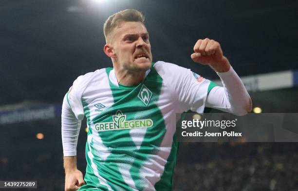 Marvin Ducksch of Bremen celebrates scoring his team's second goal during the Bundesliga match between SV Werder Bremen and FC Schalke 04 at...
