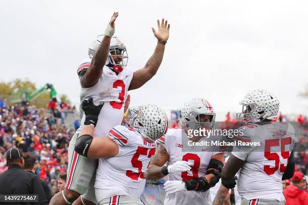 Miyan Williams of the Ohio State Buckeyes celebrates after rushing for a touchdown against the Northwestern Wildcats during the second half at Ryan...