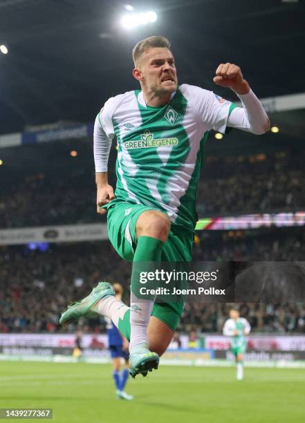 Marvin Ducksch of Bremen celebrates scoring his team's second goal during the Bundesliga match between SV Werder Bremen and FC Schalke 04 at...