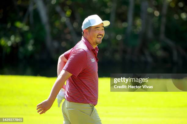 John Huh of United States reacts after putting on the 5th hole during the third round of the World Wide Technology Championship at Club de Golf El...