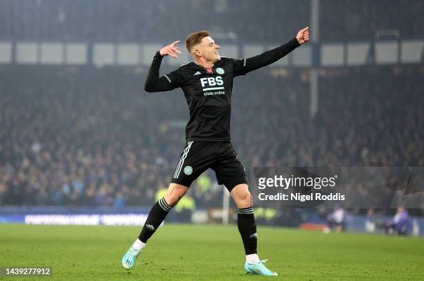 Harvey Barnes of Leicester City celebrates after scoring their team's second goal during the Premier League match between Everton FC and Leicester...