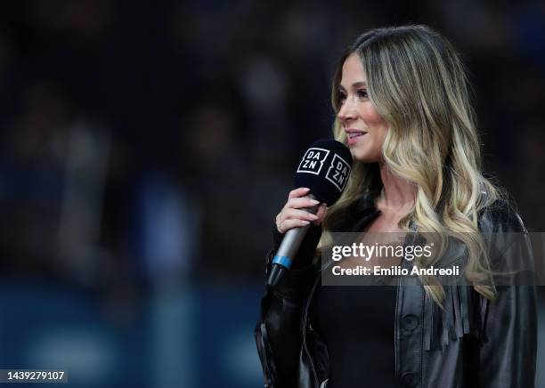 Diletta Leotta of Dazn at the side of the pitch ahead of the Serie A match between Atalanta BC and SSC Napoli at Gewiss Stadium on November 05, 2022...