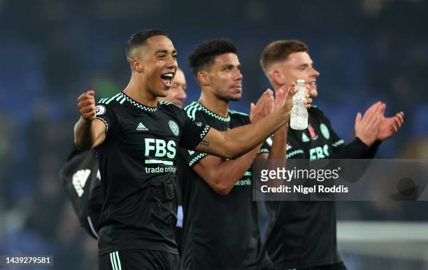 Youri Tielemans of Leicester City celebrates with teammates following their side's victory in the Premier League match between Everton FC and...
